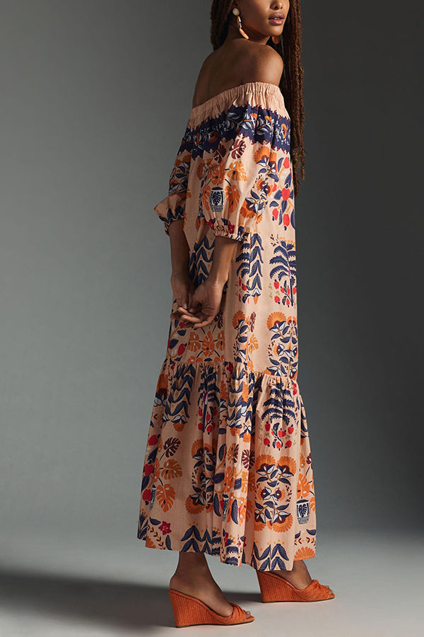 Island Lover Printed Off The Shoulder Pocketed Flowy Midi Dress-consonak