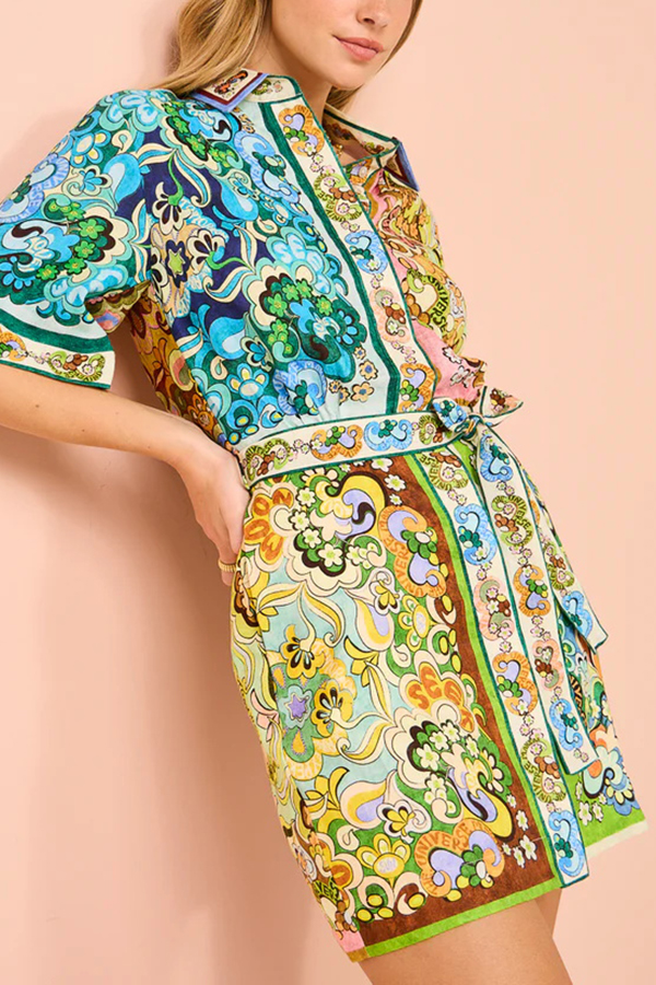 Sasha Linen Blend Unique Printed Shirt Style Tie-waist Mini Dress-consonak