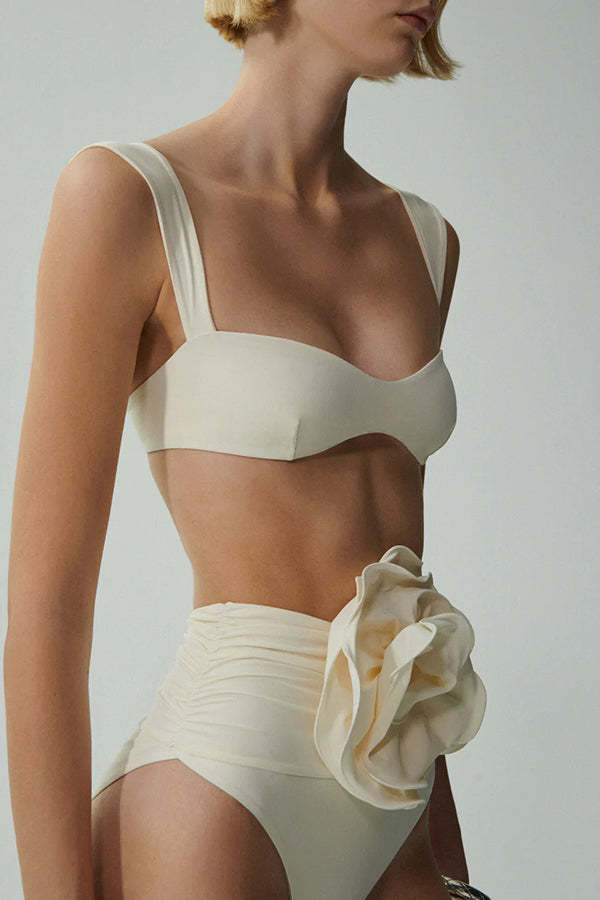 Solid Color Square Neck High Waist 3D Floral Stretch Bikini Swimsuit-consonak