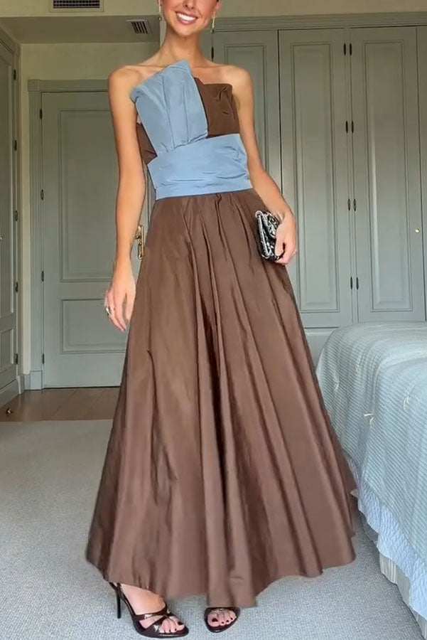 Modern Structured Color Block Off Shoulder Pocket Umbrella Hem Maxi Dress