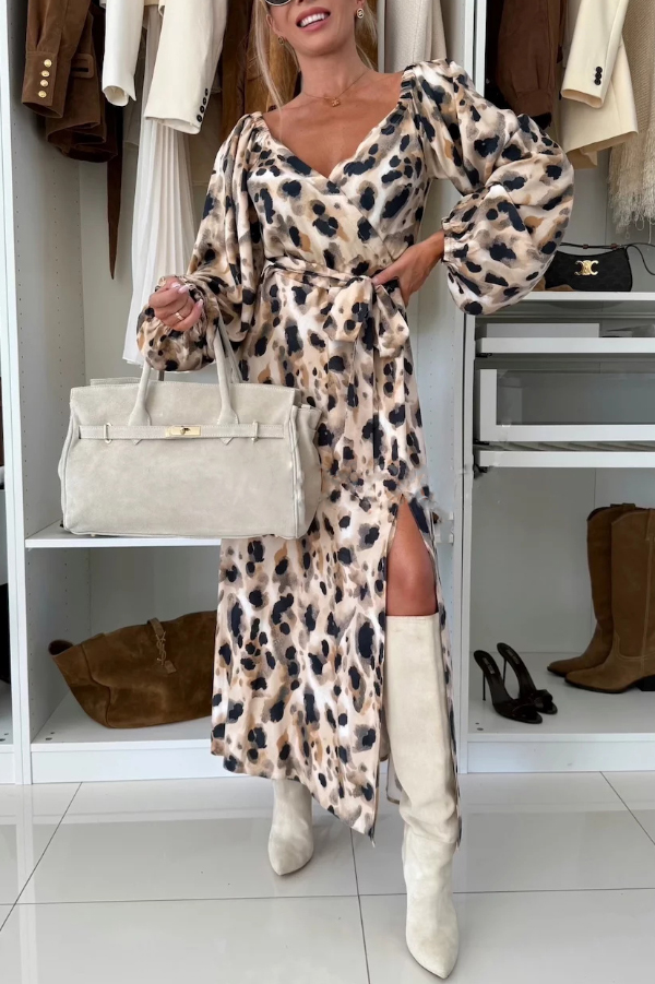 Unique Printed V-neck Long-sleeved Waist Tie Slit Maxi Dress-consonak