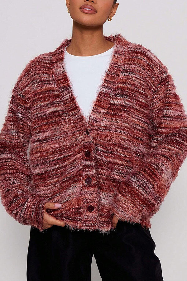 Fashionable Mixed Color Loose V-neck Casual Knit Cardigan-consonak
