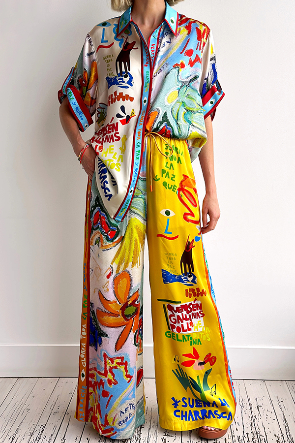 Raina Satin Unique Print Short-sleeved Loose Shirt and Elastic Waist Pocket Pants Set-consonak