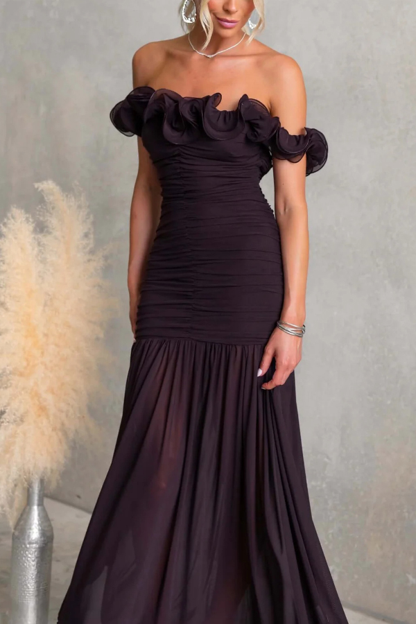 Solid Color Off-shoulder Pleated Backless Slim-fit Elegant Mesh Maxi Dress