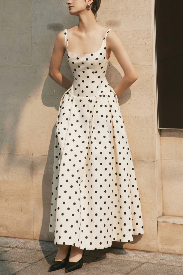 Polka Dot Print Square Neck Sleeveless Holiday Maxi Dress