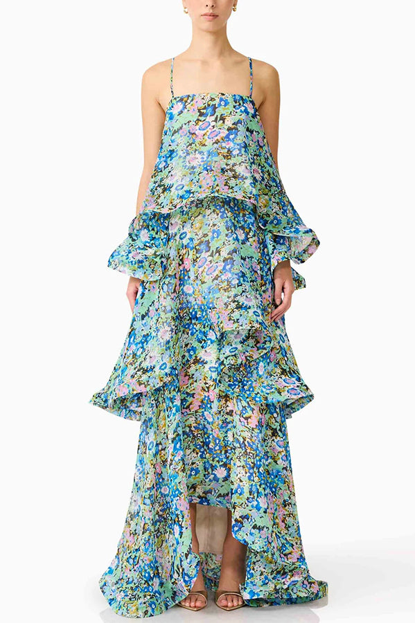 Armani Georgette Fabric Floral Print Tiered Slip Square Neck A-line Maxi Dress | Consonak