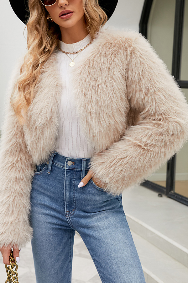 Stylish Long Sleeve Short Casual Faux Fur Jacket-consonak
