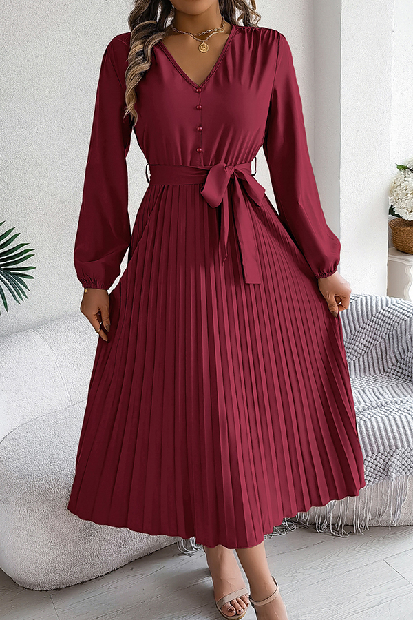 Solid Color Elegant V-neck Buttoned Lace-up Pleated Maxi Dress-consonak