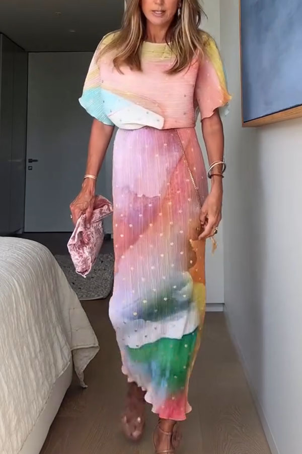 Rudi Pleated Metallic Fleck Print Wide Neck Elastic Waist Midi Dress-consonak