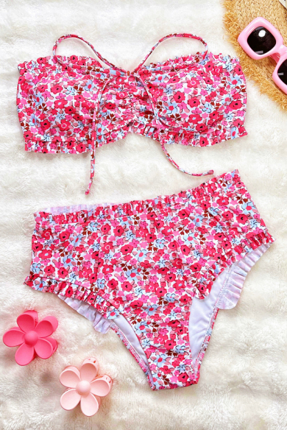 Floral Print Ruffled High-waisted Two-piece Stretch Bikini Swimsuit-consonak