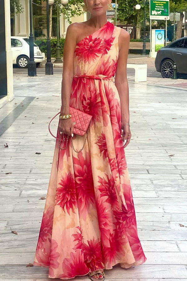 Floral Print One Shoulder Waist Tie Full Hem Resort Style Maxi Dress-consonak