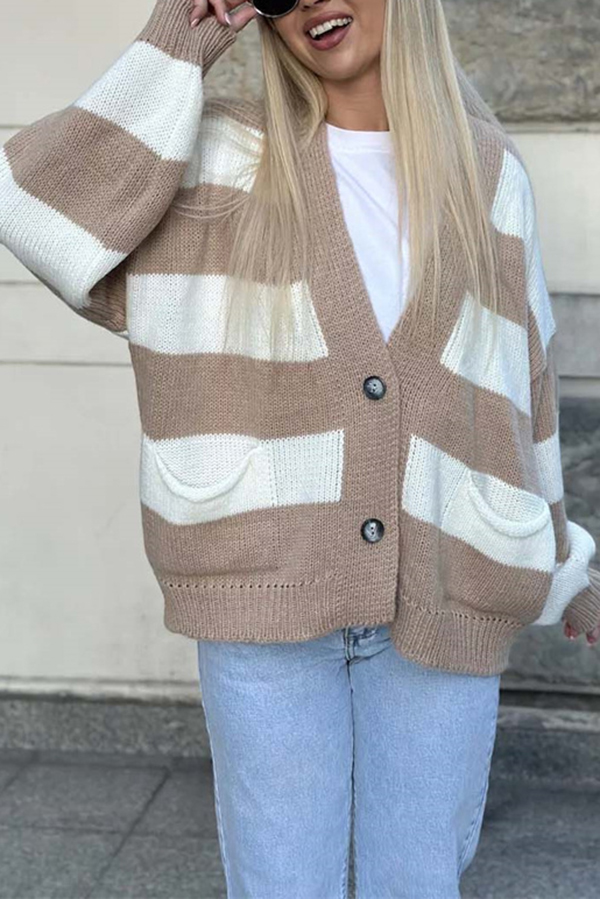 Casual V-neck Long-sleeved Striped Pocket Knitted Cardigan-consonak