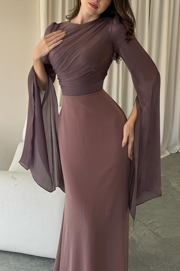 Liora Ruched Organza and Satin Patchwork Design Long Bell Slit Sleeve Maxi Dress | Consonak