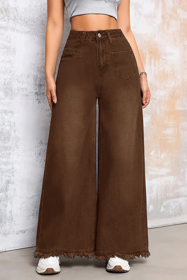 Stylish Loose-fitting Frayed Hem Casual Pocket Wide-leg Jeans