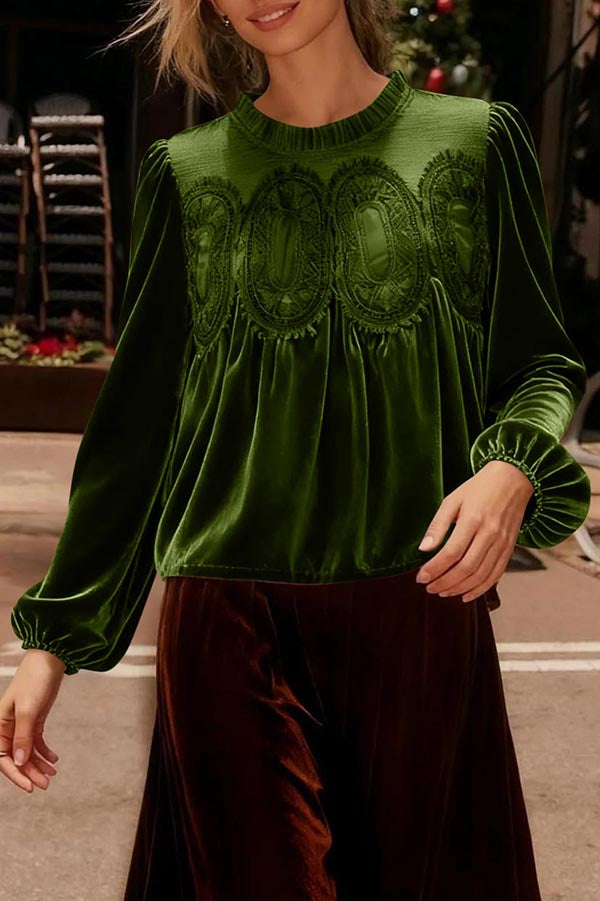 Fashionable Velvet and Lace Patchwork Loose Long-sleeved Top-consonak