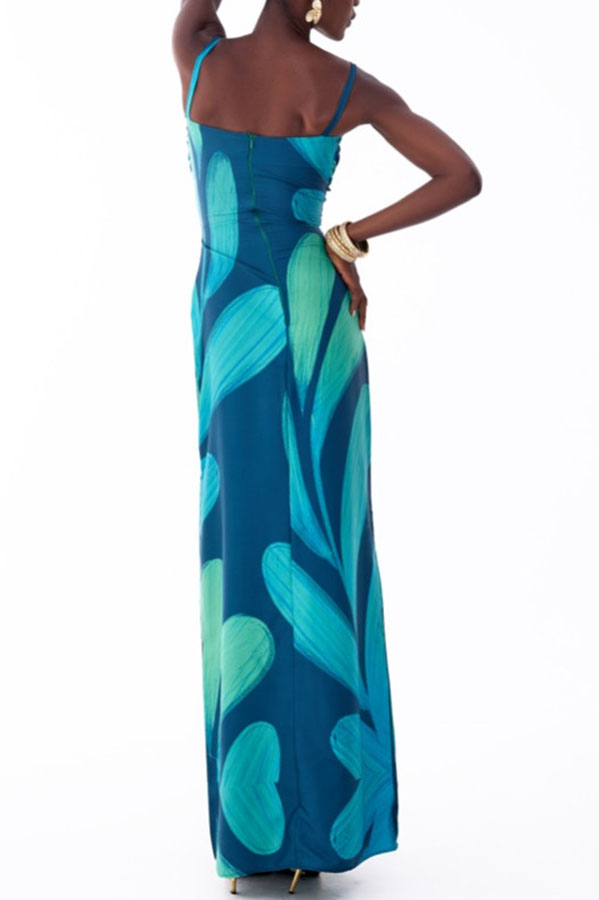 Verona Satin Leaf Pattern Front Tie-up Cutout Slip Drape Maxi Dress-consonak