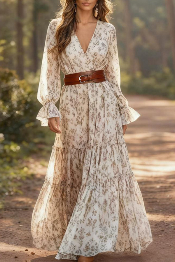 Bohemian-style Floral Print V-neck Long-sleeved Casual Maxi Dress