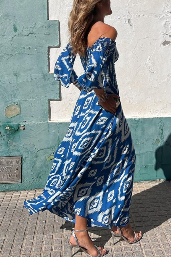 Street vacation style ethnic print off shoulder pocket long skirt-consonak