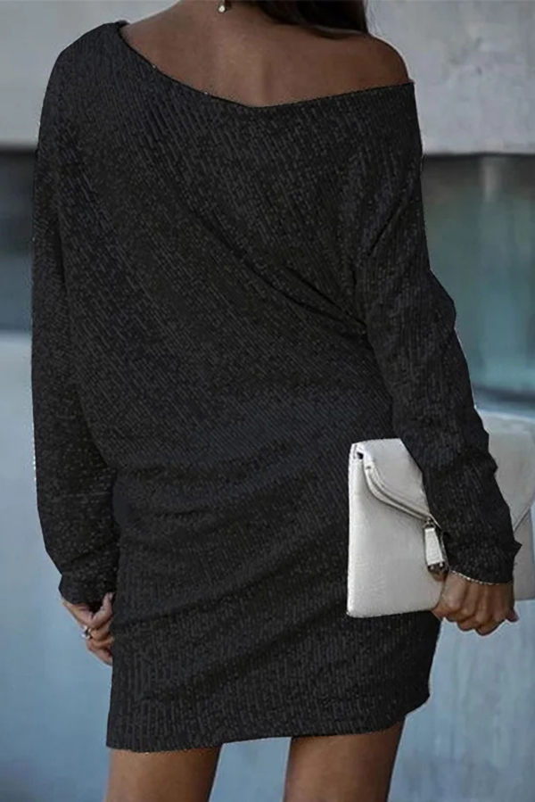 Solid Sequined Off-shoulder Loose Mini Dress-consonak