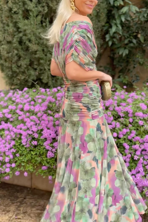 Unique Printed V-Neck Waisted Mesh Holiday Maxi Dress-consonak