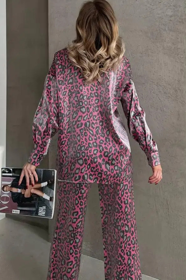 Leopard Print Long-sleeved Casual Top and Loose Elastic Waist Tie Pants Set-consonak