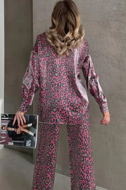 Leopard Print Long-sleeved Casual Top and Loose Elastic Waist Tie Pants Set-consonak