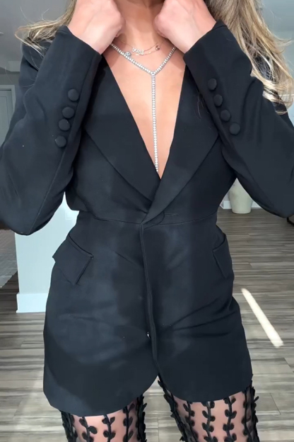 Queen Temperament Button Up Long Sleeve Backless Lapel Blazer-consonak