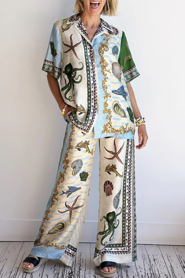 Deep Sea Dreaming Satin Unique Print Short Sleeve Shirt and Elastic Waist Pocketed Pants Set-Consonak