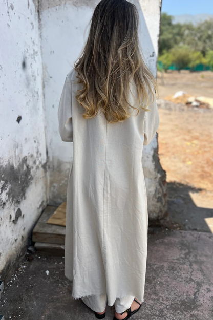 Jamilah Linen Blend Ring Detail Midi Blouse  and Elastic Waist Pocketed Loose Pants Set-consonak