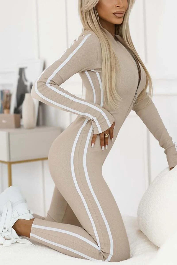 Sexy Slim-fitting Long-sleeved Striped Half-zip Jumpsuit-consonak