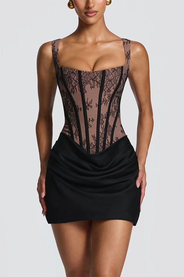 Cornelia Floral Lace Contrast Structural Detail Back Lace-up Satin Hem Mini Dress | Consonak