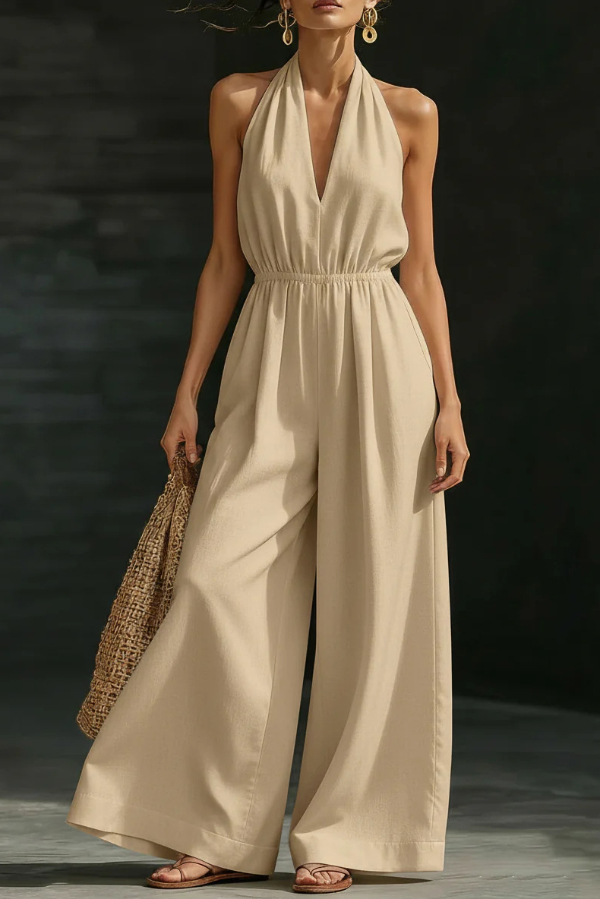 Solid Color V-neck Sleeveless Backless Casual Pocket Loose Wide-leg Jumpsuit