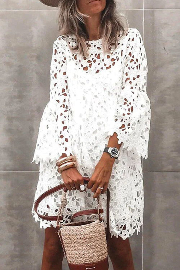 Pretty Presence Floral Crochet Lace Bell Sleeve Mini Dress-consonak