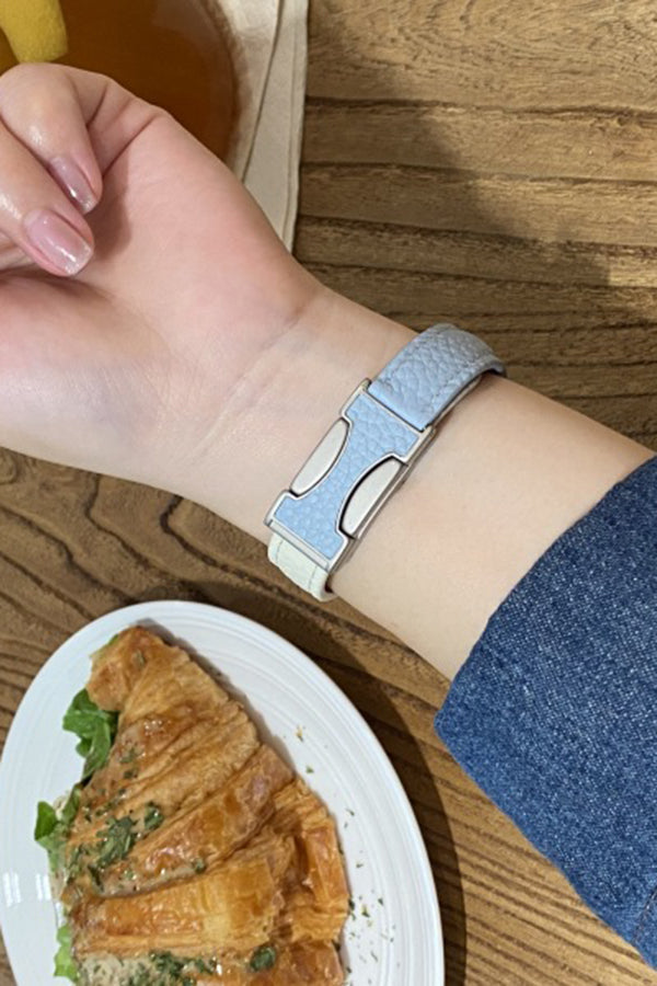 Fashionable Genuine Leather Lychee Pattern Double C Magnetic Buckle Watch Strap-consonak