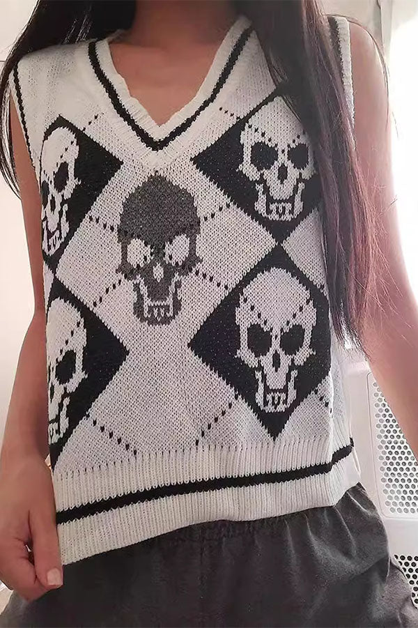 Halloween Skull Argyle Knit Sweater Vest-Consonak