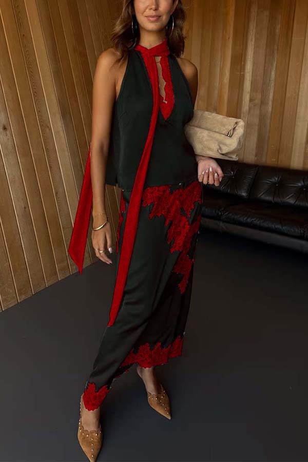 Sunday Social Contrast Color Satin Lace Trim Neck Strap Loose Tank-consonak