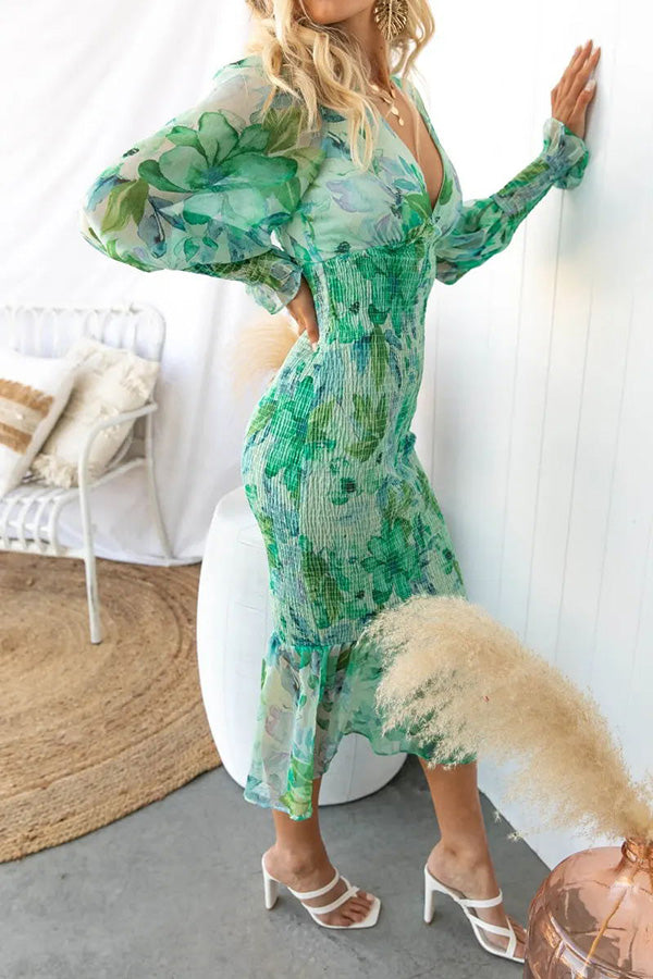 Garden Gathering Floral Smocked Waist Midi Dress-consonak