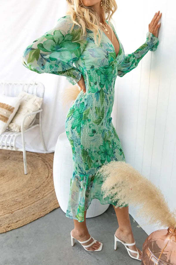 Garden Gathering Floral Smocked Waist Midi Dress-consonak