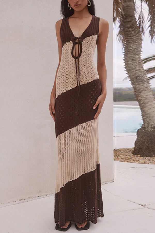 Fashionable Color-blocked Openwork Knit Slim-fit Maxi Dress-consonak