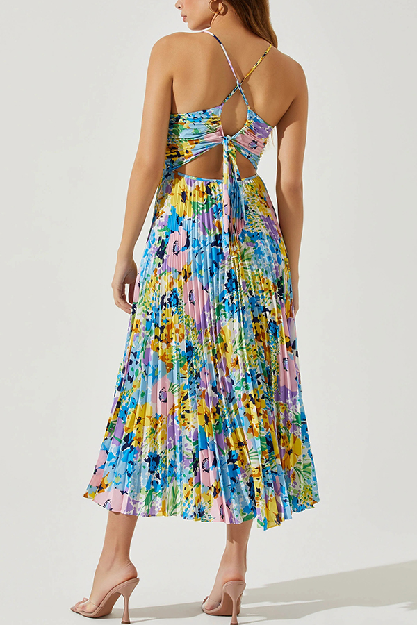 Wedding Party Season Floral Print Pleated Back Tie-up Midi Dress-consonak