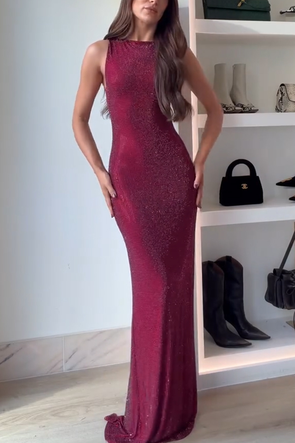 Holiday Nights Sequin Boat Neck Sleeveless Slit Maxi Dress | Consonak