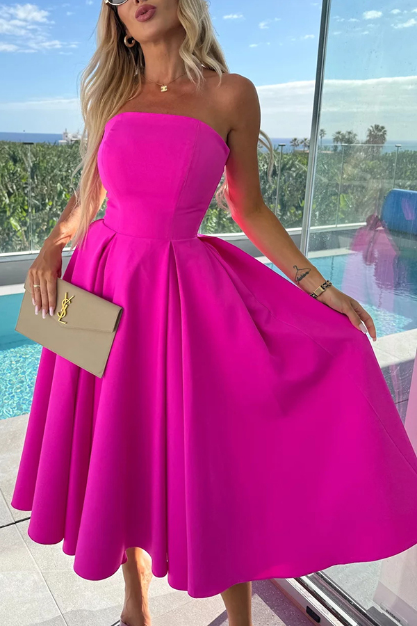 Sweet Cascade Solid Color Off Shoulder Pocket Full Hem Midi Dress-consonak