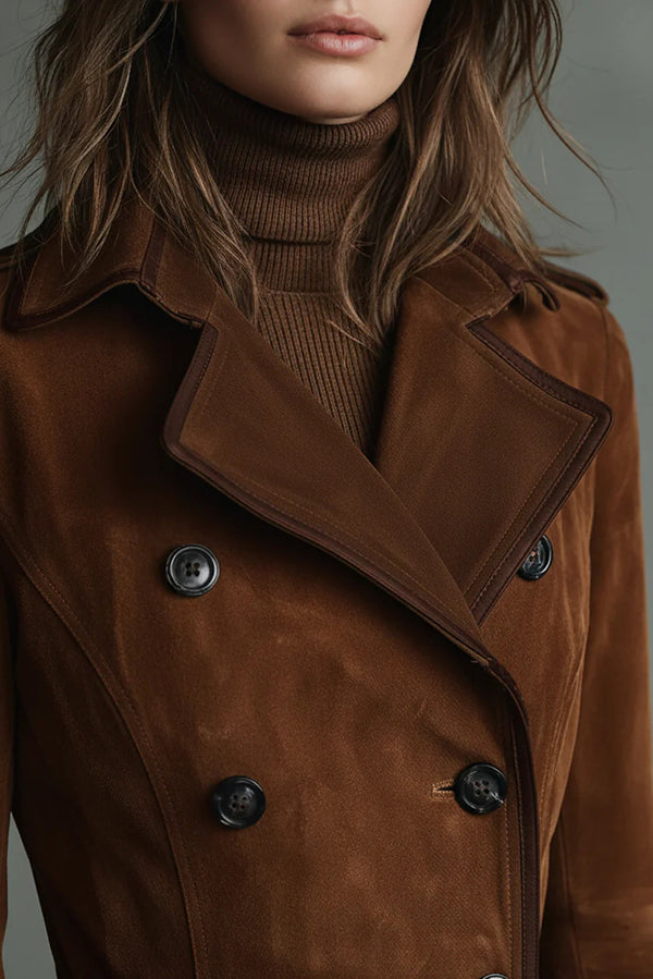 Stylish Suede Lapel Button Casual Pocket Long Trench Coat-consonak