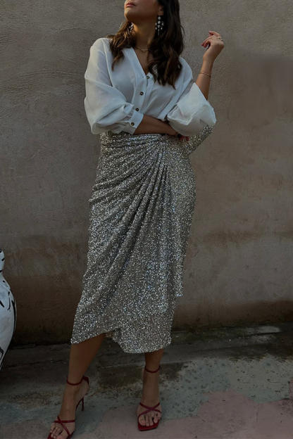 Disco Dancing Queen Sequin Wrap Tie-up Slit Midi Skirt-consonak