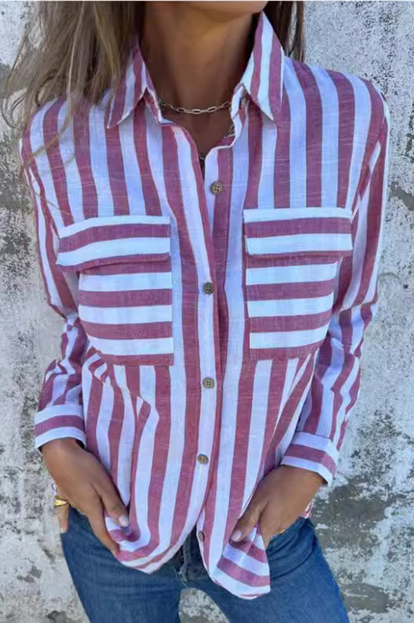Striped Print Casual Pocket Shirt Top-consonak