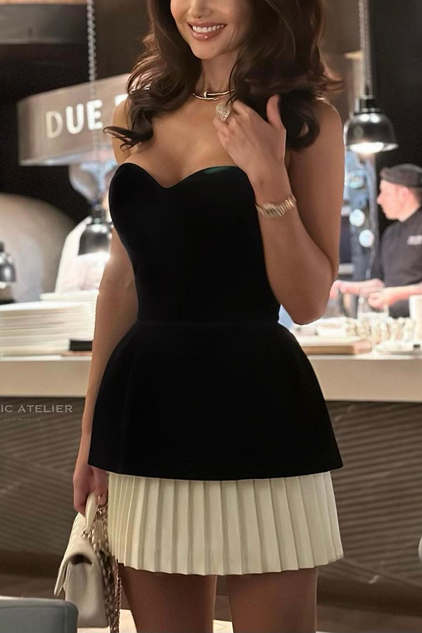 Lindsey Velvet Off Shoulder Sweetheart Neck  Patchwork Pleated Mini Dress-consonak