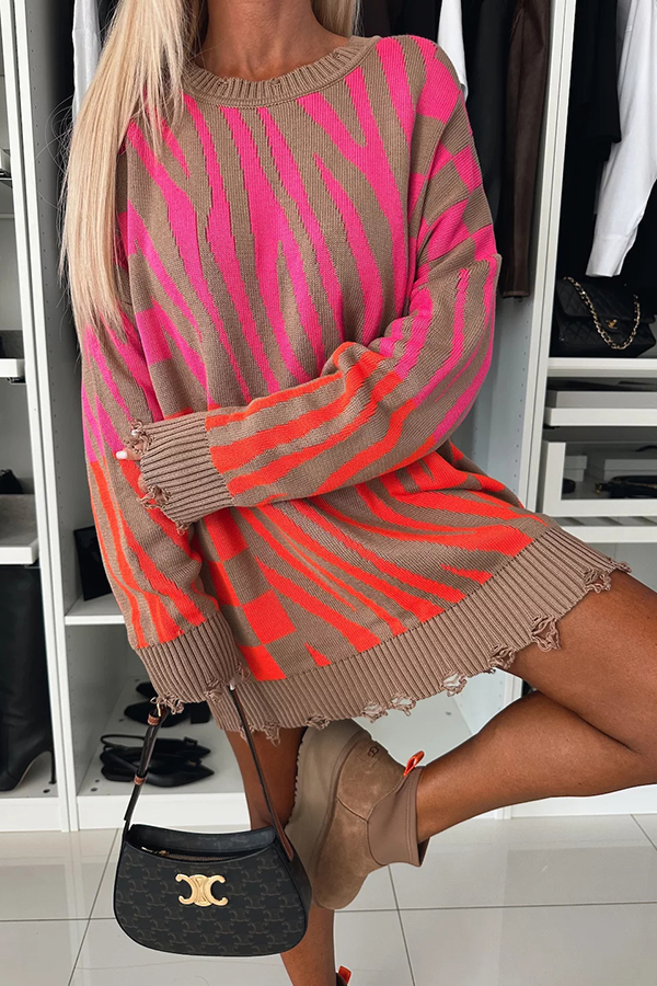Fashionable Knit Zebra Geometric Pattern Frayed Hem Loose Sweater | Consonak