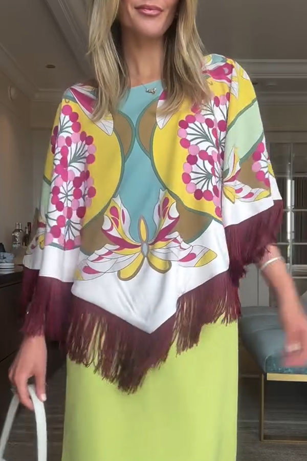 Boho Ethnic-style Floral Pattern Tassel Trim Loose Cape Top-consonak