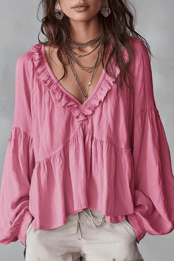 Solid Color V-neck Ruffled Puff Sleeve Loose Casual Top | Consonak