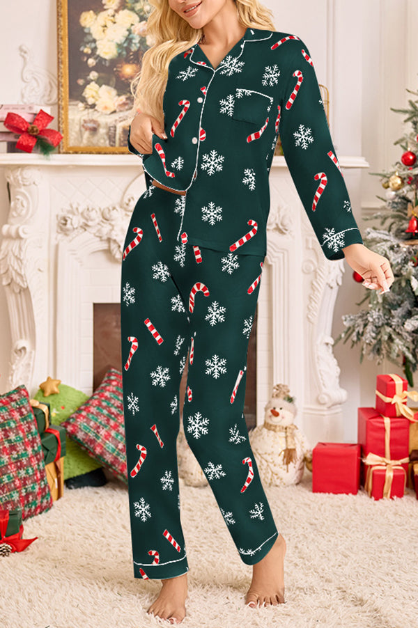 Snowflake Candy Print Casual Long-sleeved Shirt and Elastic Waist Pants Set-consonak
